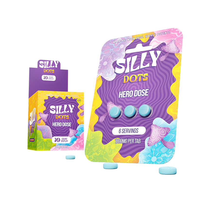 Purple 5400mg Silly Dots Hero Blend 3ct Mushroom Tablets of Six Servings 10ct Display
