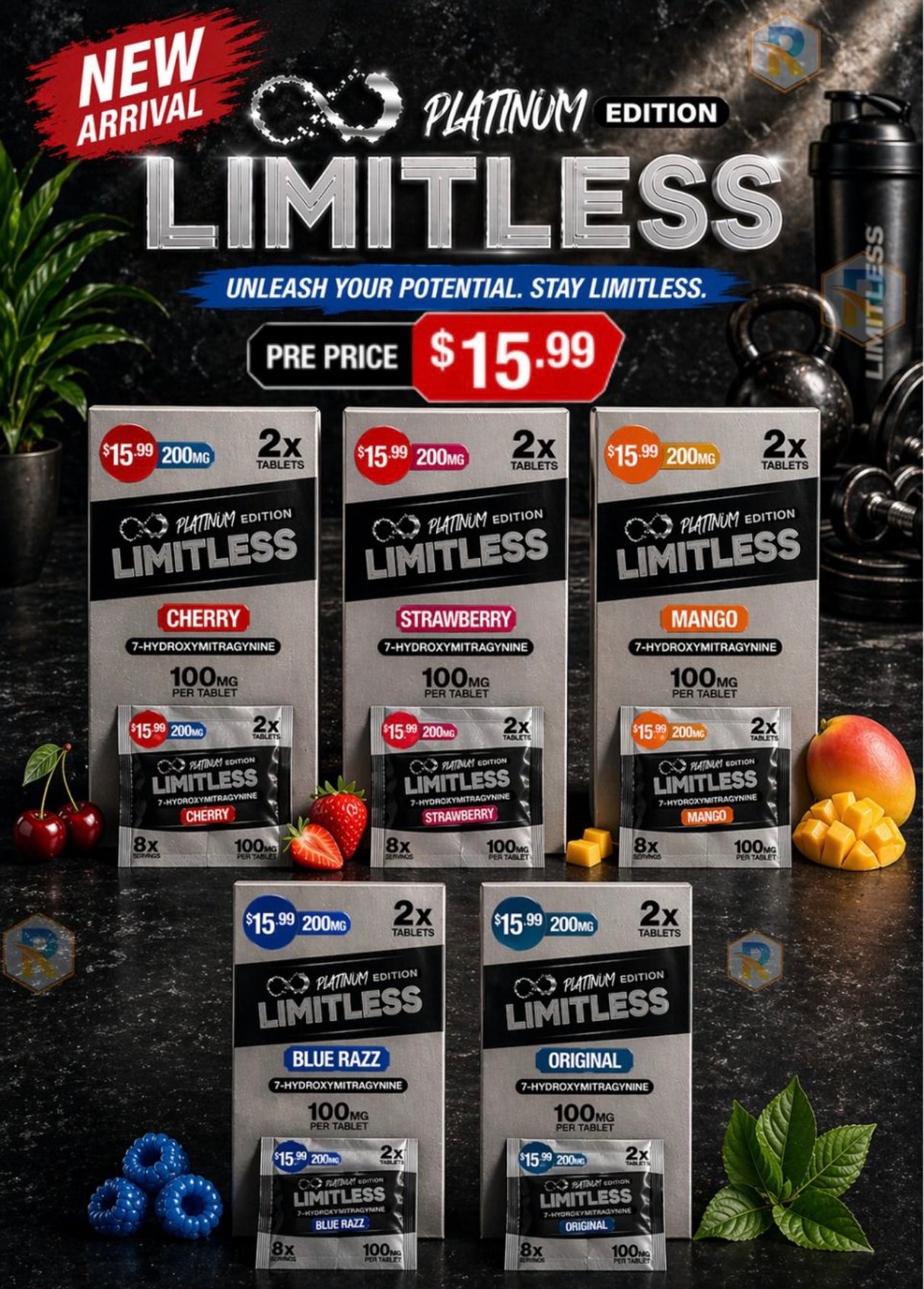 Limitless 200mg Platinum Edition 2Tablets ,100Mg per tablet 7-Hydroxy Tablets 40ct Display MSRP 15.99