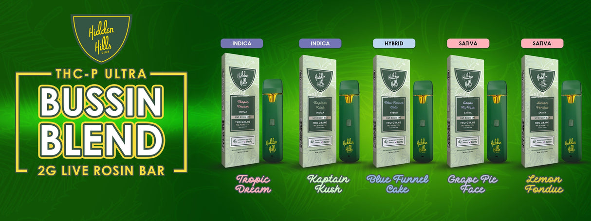 Hidden Hills Bussin Blend 2g Disposable THC-P Ultra, D9 5ct Display