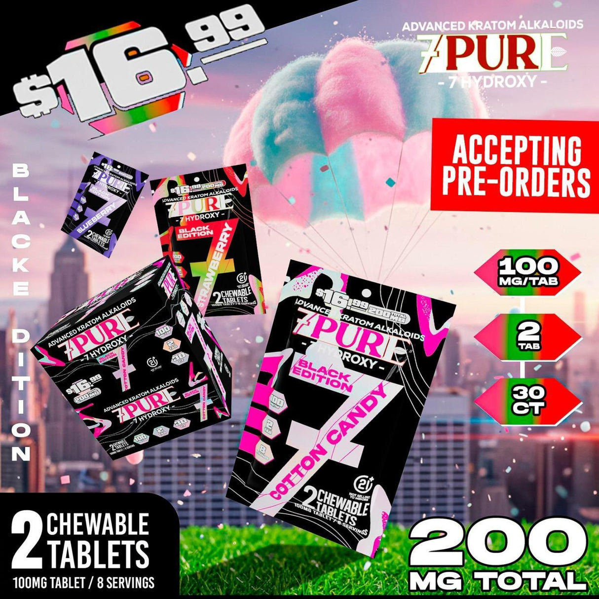 7Pure Black 200MG 7-Hydroxy 2 Tablets per Pack 30ct Display