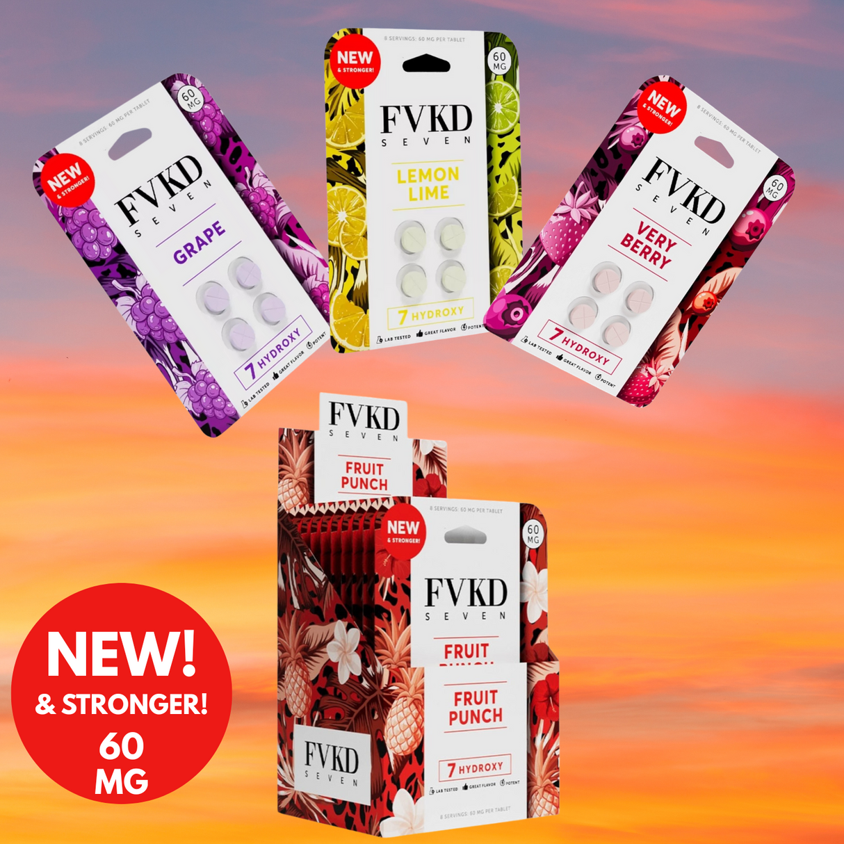 FVKD 60mg 4ct 7-Hydroxy Kratom Tablets 10ct Display