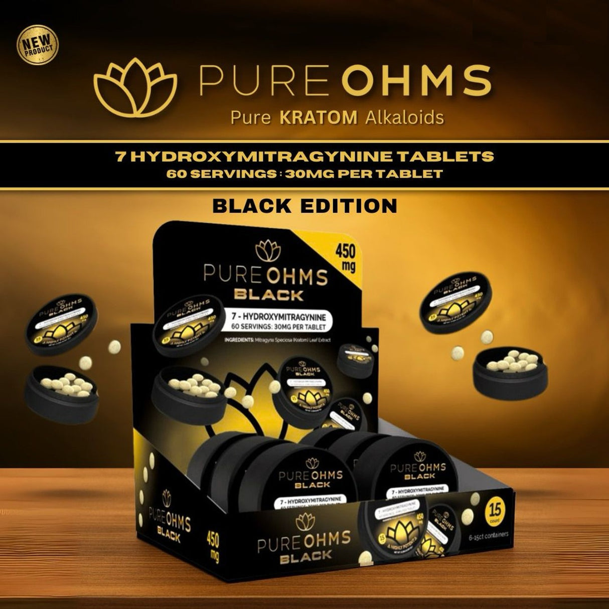 PureOhms Black 30mg 15 Pack 7-Hydroxy Tablets Puck 6ct Display