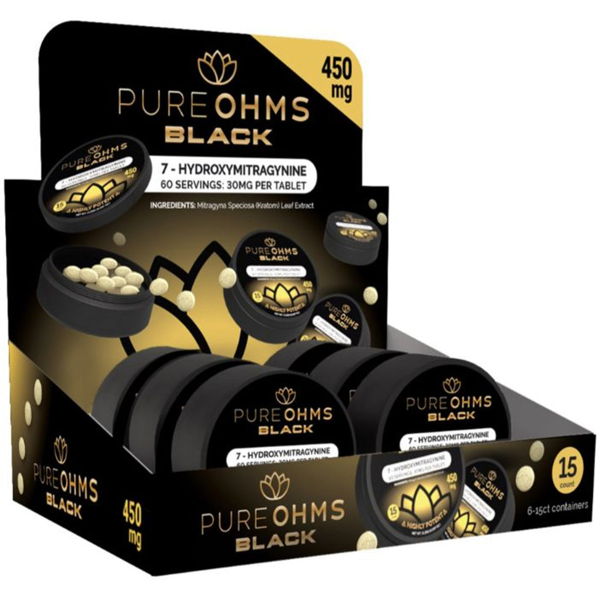 PureOhms Black 30mg 15 Pack 7-Hydroxy Tablets Puck 6ct Display