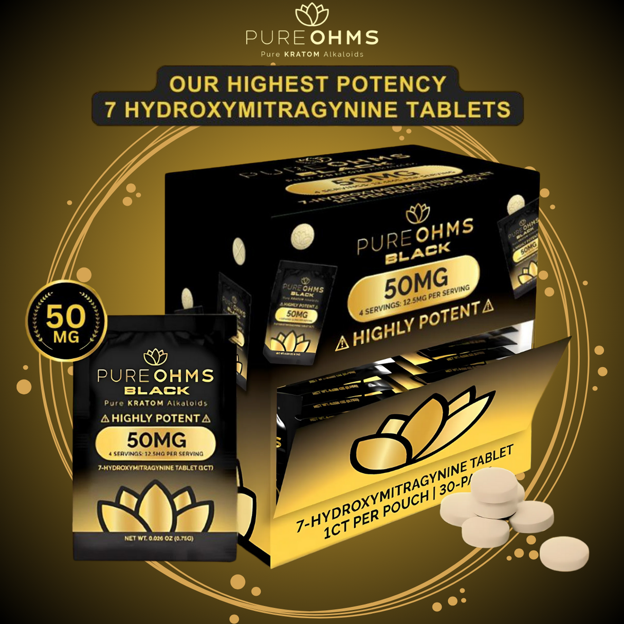 PureOhms Black 50mg Single 7-Hydroxy Tablets 30ct Display