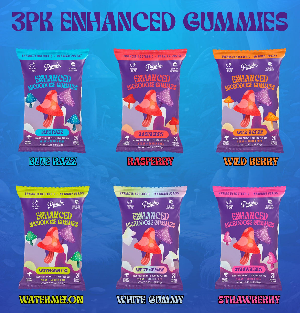 Purple 1800 mg 3-Pack Enhanced Mushroom Gummies 20ct Display
