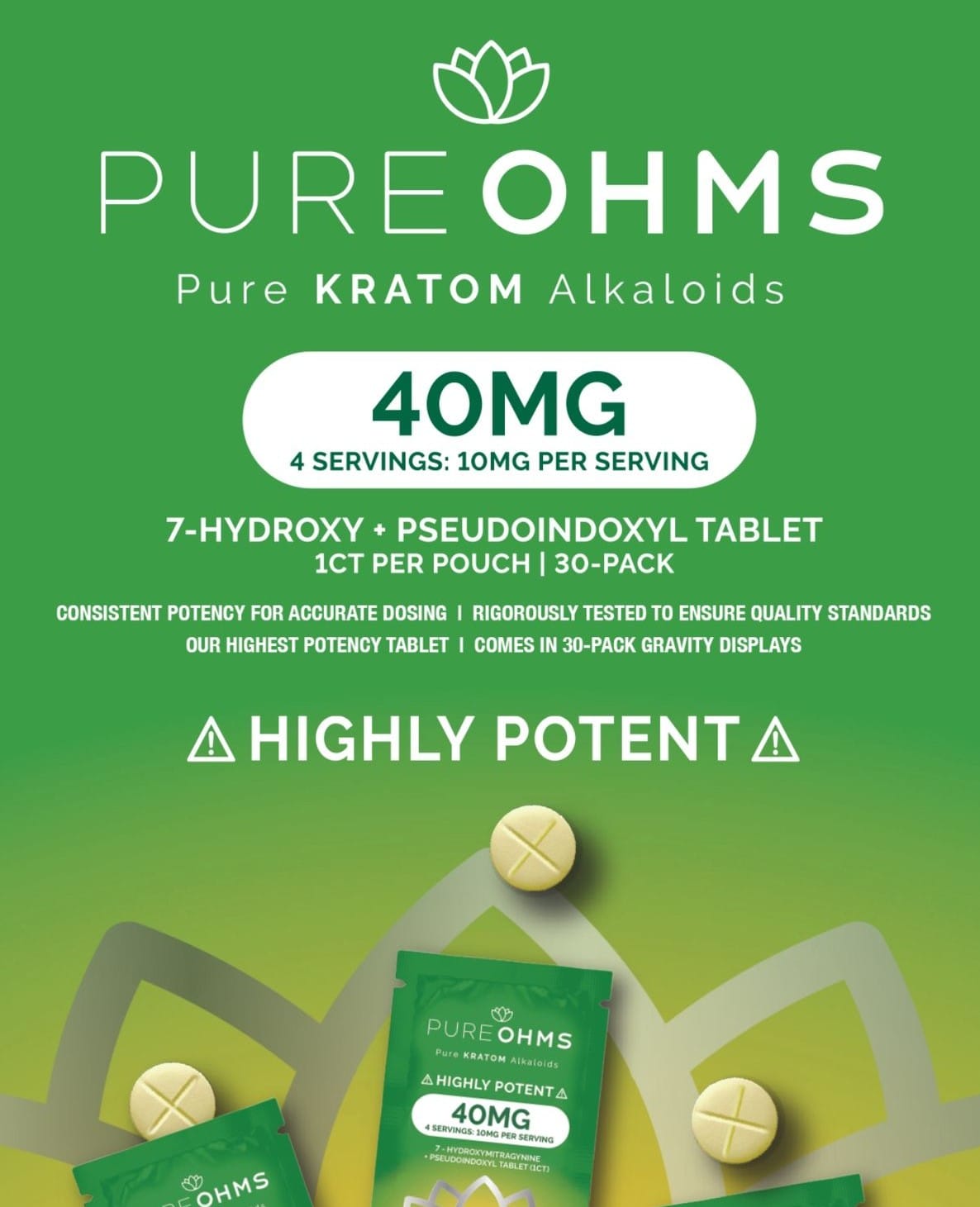 PureOhms Green 40mg Single 7-Hydroxy + Psuedo Tablets 30ct Display