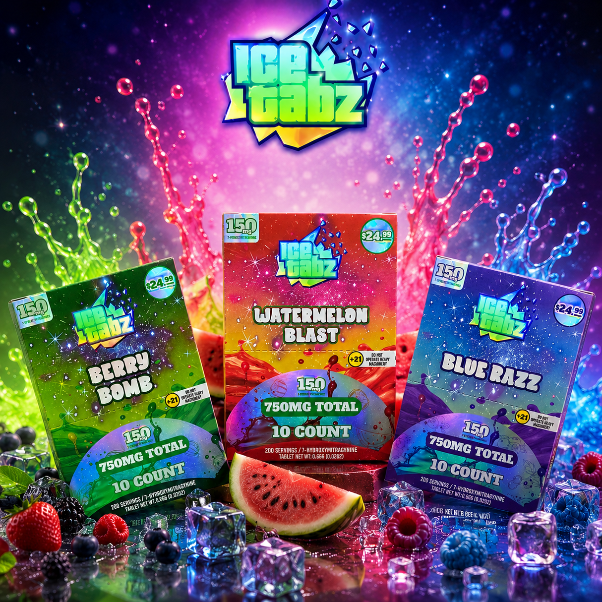 Ice Tabz 7-Hydroxy 150mg 5ct Tablets 750mg Total Pack 10ct Display MSRP $24.99