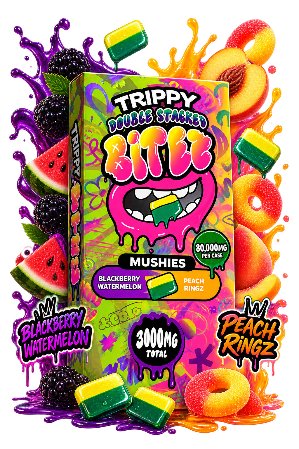 Trippy Double-Stacked BITEZ 2000mg Mushroom Gummies 40ct Display