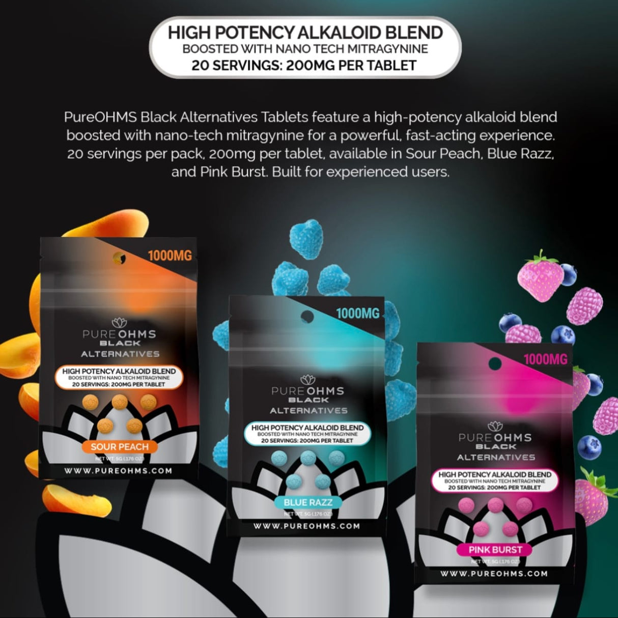 Advertisement for PureOHMS Black Alternatives tablets with product packaging and text on a dark background.