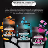 Advertisement for PureOHMS Black Alternatives tablets with product packaging and text on a dark background.