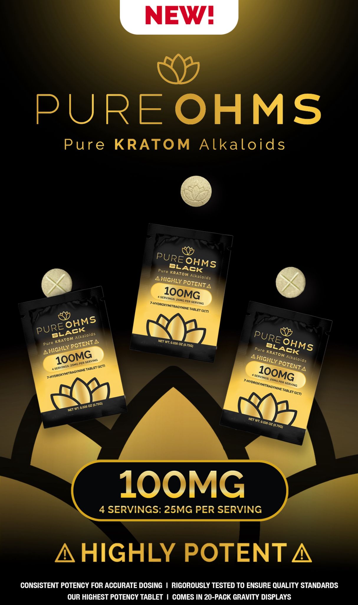 PureOhms Black 100mg Single 7-Hydroxy Tablets 20ct Display