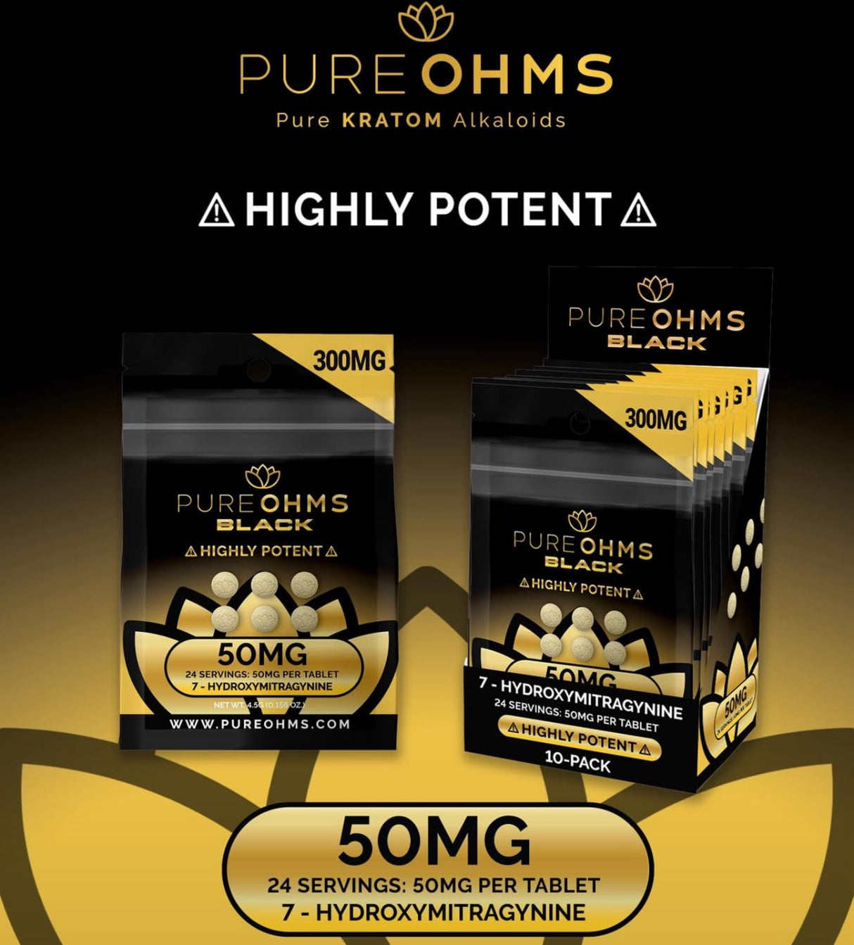 PureOhms 300mg 6 Pack 50mg 7Hydroxy Tablets 10ct Display