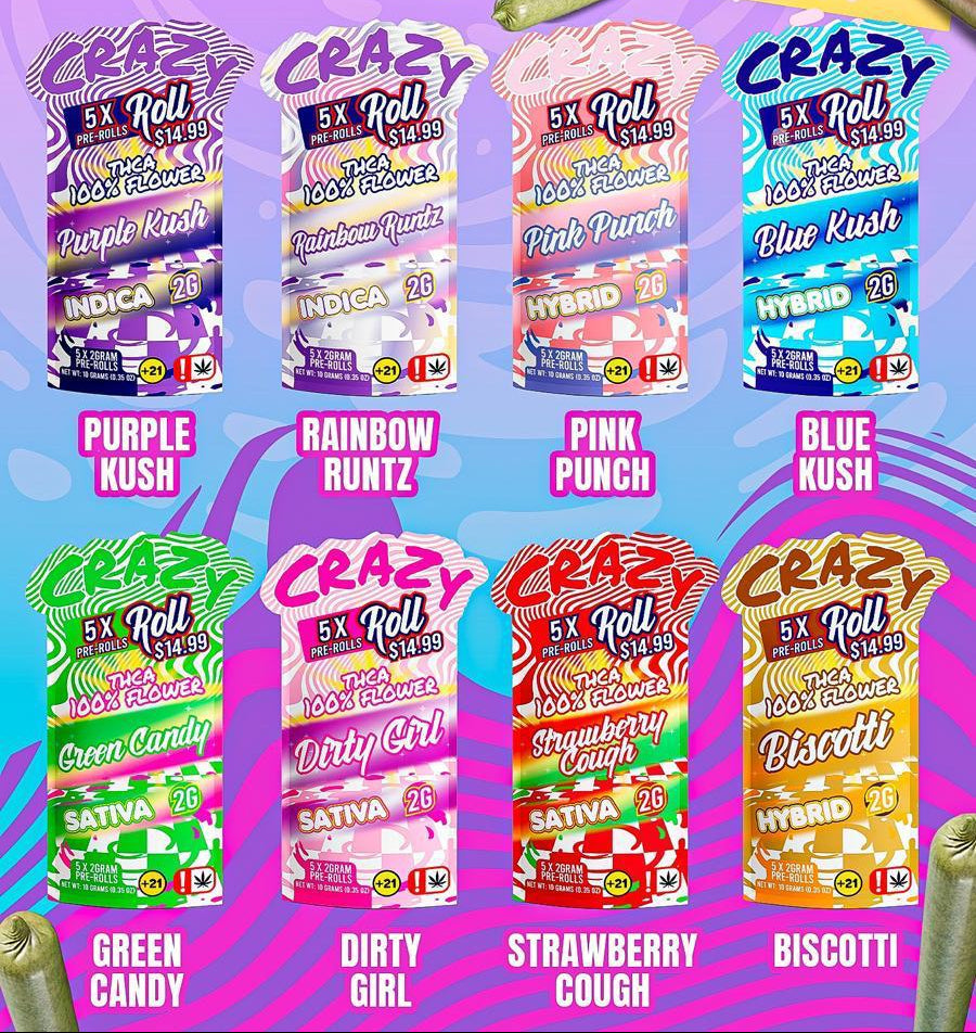 Crazy Roll 5 Pack 2g THC-A Prerolls 10ct Display MSRP $14.99