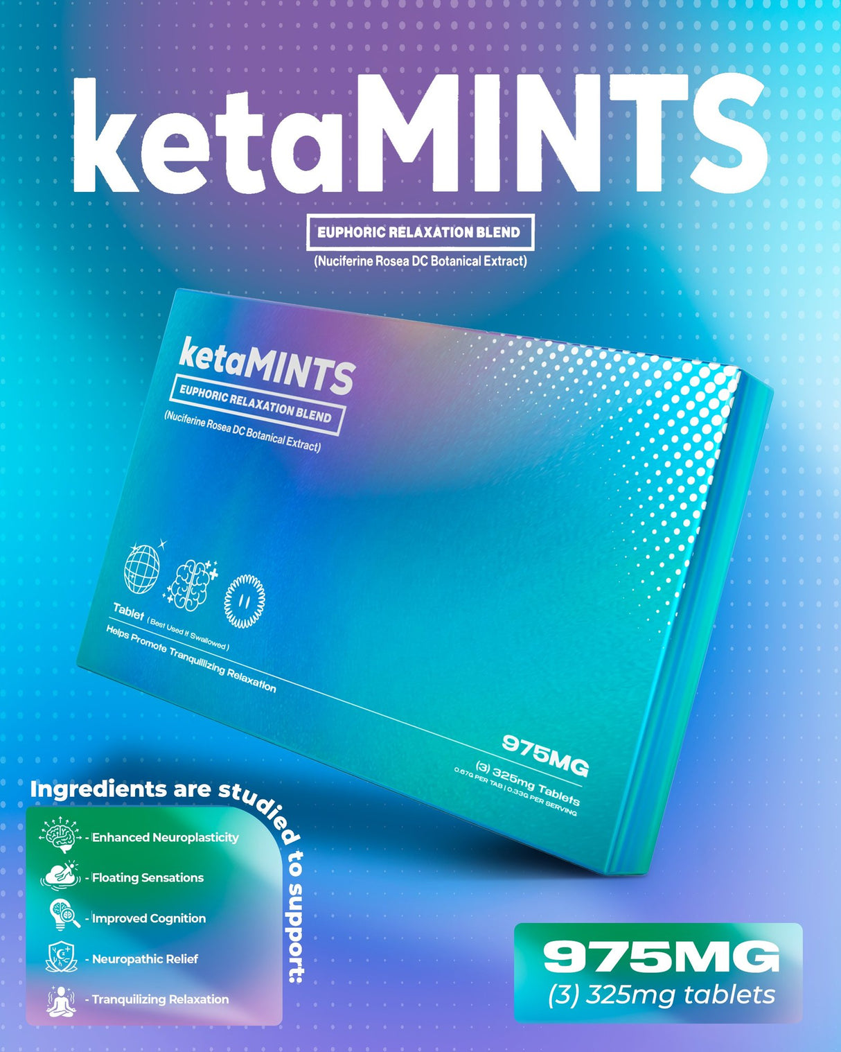 KetaMINTS 975mg 3 pack Euphoric Botanical Blend Tablets 10ct Display